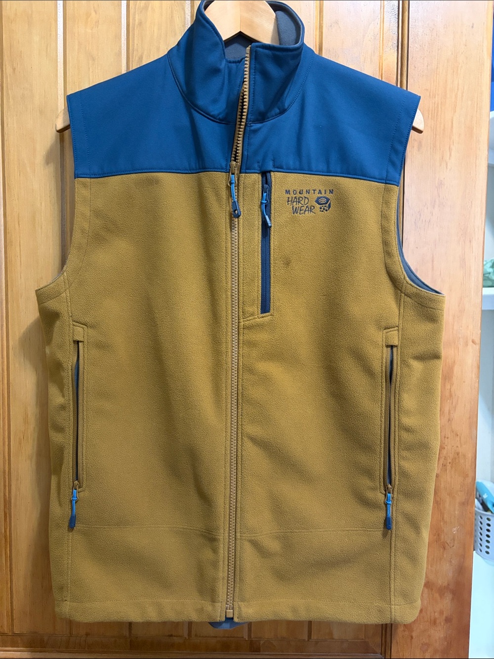 Mountain Hardwear Men's Two-Tone Fleece Vest in Mustard and Blue